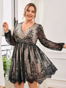 SHEIN Privé Vestido de cuello cruzado de manga farol con encaje - Multicolor - Ver 5