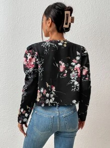 Floral Print Gigot Sleeve Open Front Crop Jacket - Black - View 2