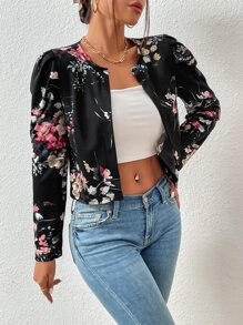 Floral Print Gigot Sleeve Open Front Crop Jacket - Black - View 3