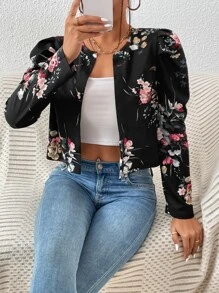 Floral Print Gigot Sleeve Open Front Crop Jacket - Black - View 5