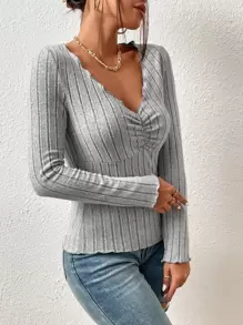 SHEIN Essnce 木耳邊褶邊T恤 - 灰色 - 查看 4