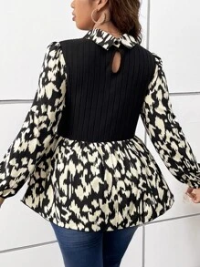 SHEIN Unity Plus Graphic Print Lantern Sleeve Peplum Top - Multicolor - View 2