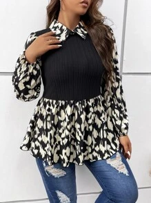 SHEIN Unity Plus Graphic Print Lantern Sleeve Peplum Top - Multicolor - View 6