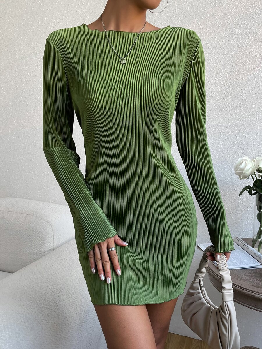 SHEIN EZwear 素色船領緊身連衣裙 - 綠色 - 查看 1