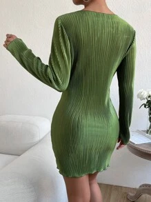 SHEIN EZwear 素色船領緊身連衣裙 - 綠色 - 查看 2