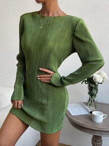 SHEIN EZwear 素色船領緊身連衣裙 - 綠色 - 查看 3