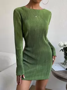 SHEIN EZwear 素色船領緊身連衣裙 - 綠色 - 查看 4
