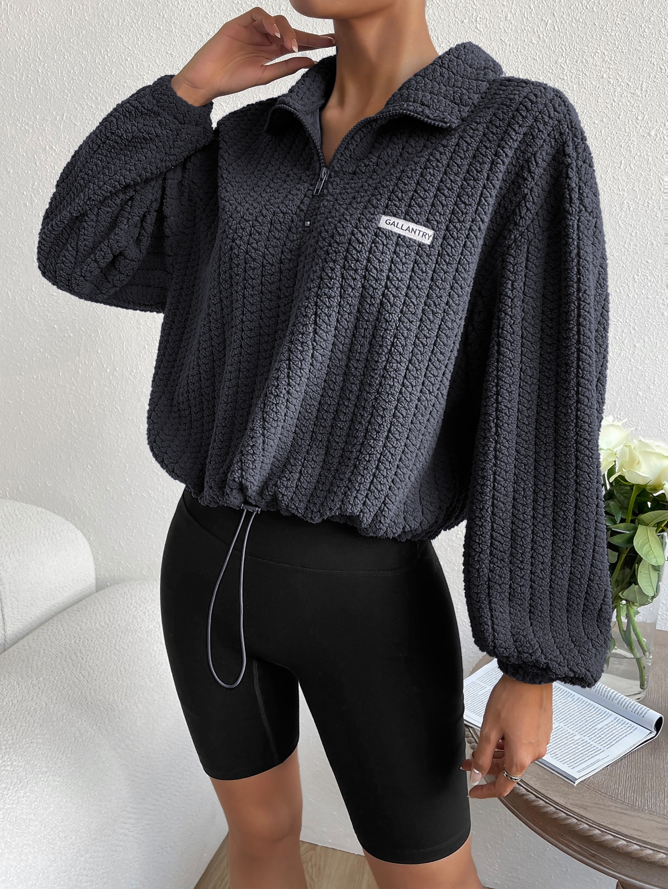 SHEIN EZwear Letter Patched Quarter Zip Drop Shoulder Sweatshirt