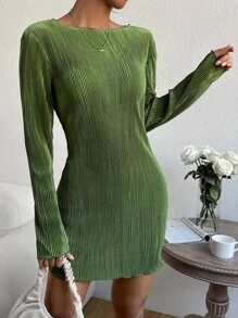 SHEIN EZwear 素色船領緊身連衣裙 - 綠色 - 查看 5