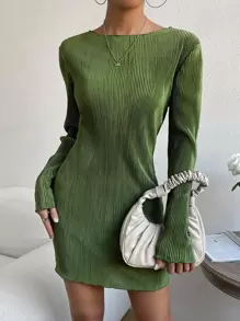 SHEIN EZwear 素色船領緊身連衣裙 - 綠色 - 查看 6