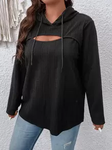 SHEIN LUNE Plus Cut Out Drop Shoulder Drawstring Hoodie Graduation,Back To School,Graduation,Teacher For Women,Back To School Pullover Fall Sweatshirt - Black - View 4