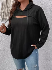 SHEIN LUNE Plus Cut Out Drop Shoulder Drawstring Hoodie Graduation,Back To School,Graduation,Teacher For Women,Back To School Pullover Fall Sweatshirt - Black - View 5