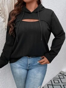 SHEIN LUNE Plus Cut Out Drop Shoulder Drawstring Hoodie Graduation,Back To School,Graduation,Teacher For Women,Back To School Pullover Fall Sweatshirt - Black - View 6