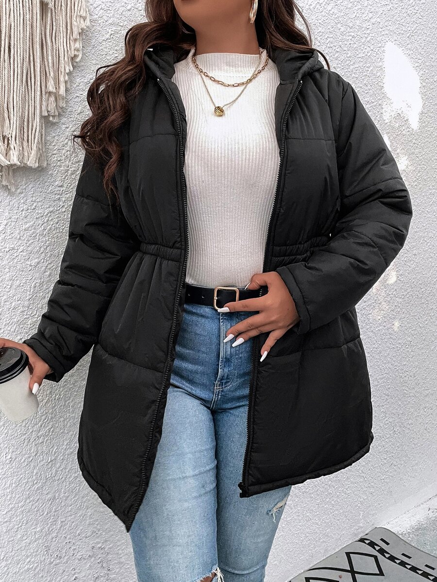 SHEIN LUNE Plus Zipper Hooded Padded Padded Coat Clothes Winter - Black - View 1
