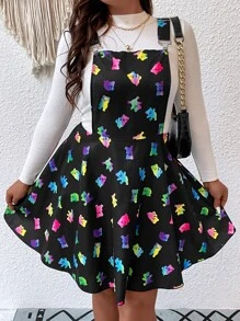 Flirla Plus Cartoon Graphic Pinafore Dress Without Top - Black - View 2