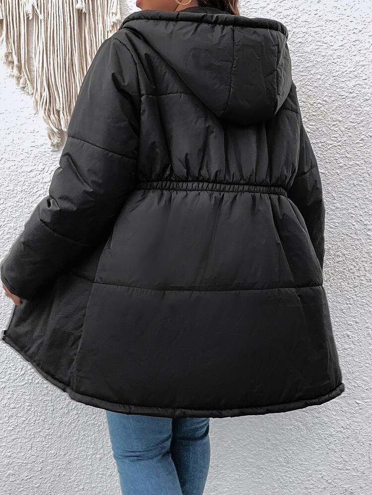 SHEIN LUNE Plus Zipper Hooded Padded Padded Coat Clothes Winter - Black - View 2