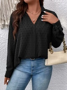 SHEIN LUNE Plus Swiss Dot Drop Shoulder Blouse - Black - View 3