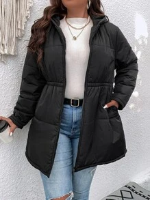 SHEIN LUNE Plus Zipper Hooded Padded Padded Coat Clothes Winter - Black - View 4