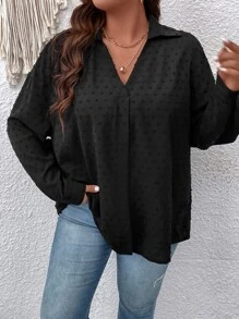 SHEIN LUNE Plus Swiss Dot Drop Shoulder Blouse - Black - View 5