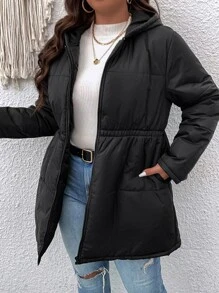 SHEIN LUNE Plus Zipper Hooded Padded Padded Coat Clothes Winter - Black - View 5