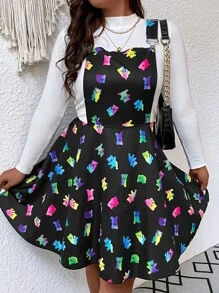 Flirla Plus Cartoon Graphic Pinafore Dress Without Top - Black - View 5