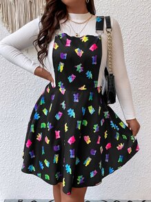 Flirla Plus Cartoon Graphic Pinafore Dress Without Top - Black - View 7