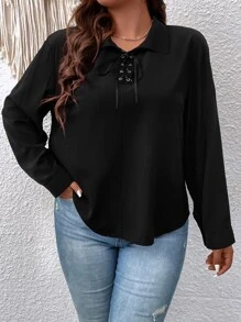 大碼前繫帶落肩袖襯衫