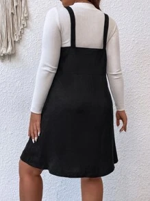Plus Single Breasted Cord Pinafore Dress Without Tee - Black - View 2