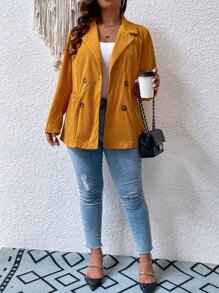 SHEIN LUNE Plus Lapel Neck Double Breasted Blazer - Mustard Yellow - View 4