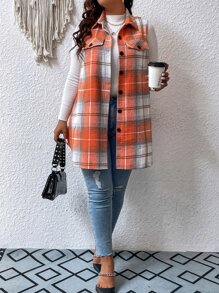 格纹印花翻盖细节背心外套，适合冬季