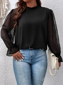 SHEIN Clasi Áo sơ mi Plus Size viền lá sen Xù Tương phản Mesh màu trơn Thanh lịch - màu đen - Xem 1