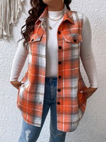 格纹印花翻盖细节背心外套，适合冬季