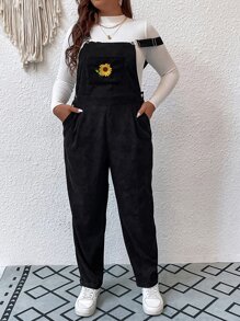 Flirla Plus Floral Embroidery Corduroy Overall Jumpsuit - Black - View 5