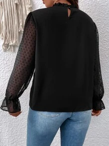 SHEIN Clasi Áo sơ mi Plus Size viền lá sen Xù Tương phản Mesh màu trơn Thanh lịch - màu đen - Xem 2