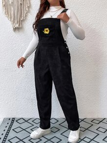 Flirla Plus Floral Embroidery Corduroy Overall Jumpsuit - Black - View 6