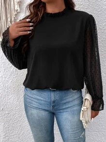 SHEIN Clasi Áo sơ mi Plus Size viền lá sen Xù Tương phản Mesh màu trơn Thanh lịch - màu đen - Xem 3