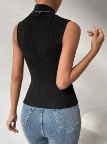 SHEIN Frenchy 高領條紋針織背心上衣 - 黑色 - 查看 2