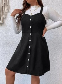Plus Single Breasted Cord Pinafore Dress Without Tee - Black - View 6