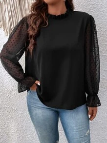 SHEIN Clasi Áo sơ mi Plus Size viền lá sen Xù Tương phản Mesh màu trơn Thanh lịch - màu đen - Xem 5