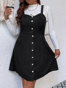 Plus Single Breasted Cord Pinafore Dress Without Tee - Black - View 7