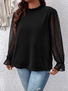 SHEIN Clasi Áo sơ mi Plus Size viền lá sen Xù Tương phản Mesh màu trơn Thanh lịch - màu đen - Xem 6