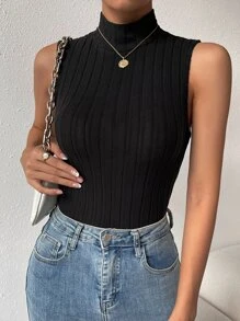 SHEIN Frenchy 高領條紋針織背心上衣 - 黑色 - 查看 5