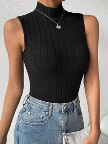 SHEIN Frenchy 高領條紋針織背心上衣 - 黑色 - 查看 6