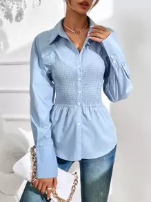 Button Front Shirred Shirt - Baby Blue - View 1