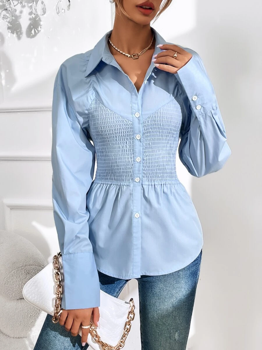 Button Front Shirred Shirt - Baby Blue - View 1