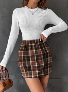 SHEIN Essnce Ribbed Knit Tee & Plaid Button Front Skirt - White - View 1