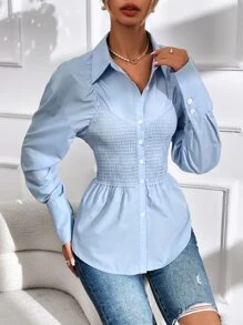 Button Front Shirred Shirt - Baby Blue - View 6