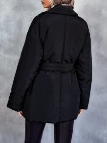 SHEIN LUNE Women's Winter Clothes Solid Color Lapel Neck Single Breasted Casual Padded Padded Coat - Black - View 2