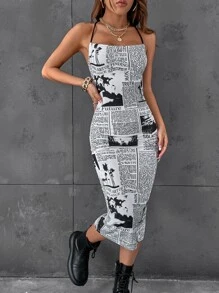 SHEIN ICON Newspaper Print Backless Bodycon Dress - Black and White - View 1