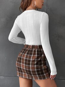 SHEIN Essnce Ribbed Knit Tee & Plaid Button Front Skirt - White - View 2